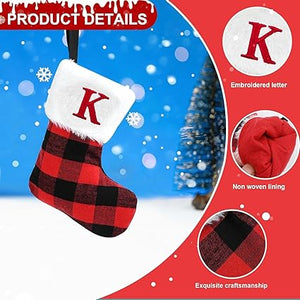 7inch Personalised Xmas Stockings Red Scotland Plaid Classic Christmas Stockings with Letters Faux Fur Plush Cuff Hanging Stockings for Xmas Decoration(K)