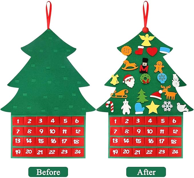 Christmas Advent Calendar Felt Tree Ornaments, Newest DIY Xmas Countdown Decorations Wall Door Hanging Kids’ Gift