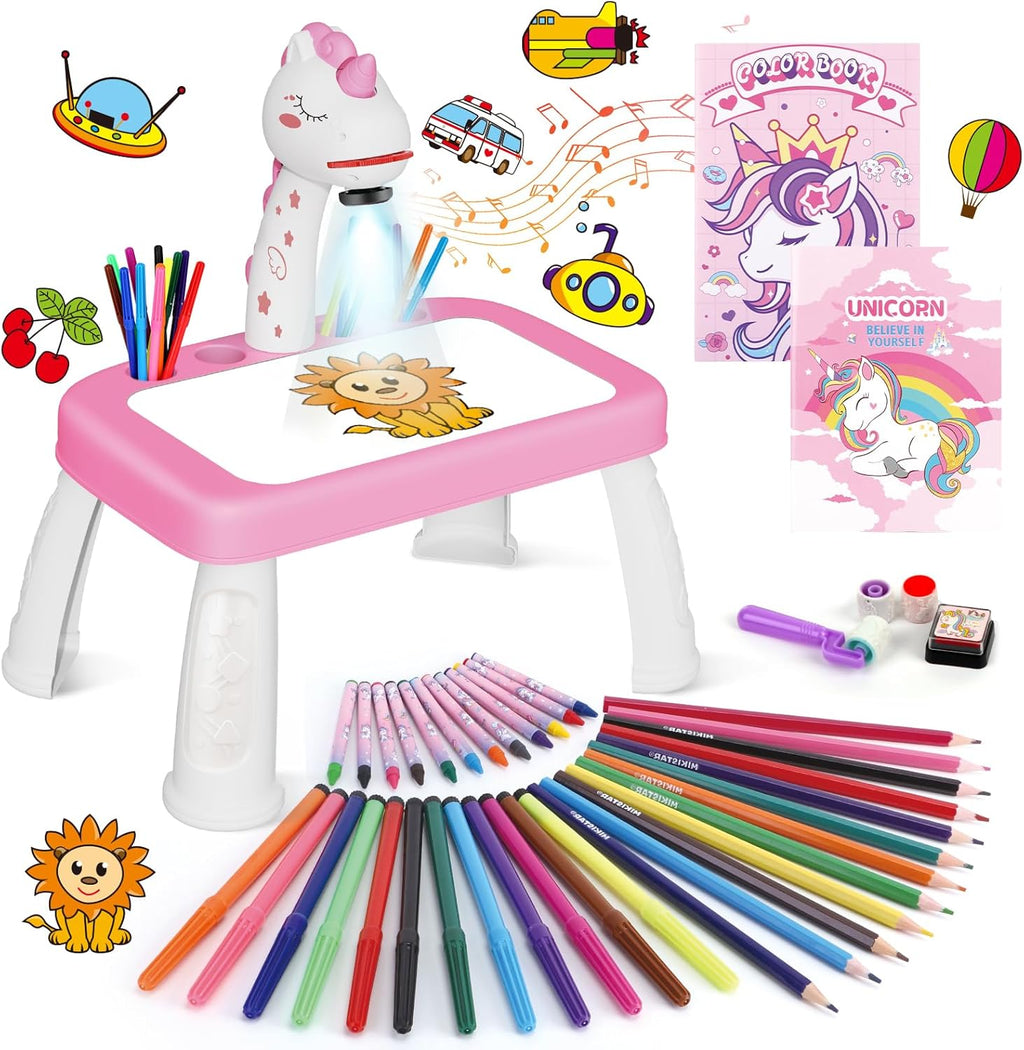 Drawing Projector,Arts and Crafts for Kids,Include Drawing Board with Music,Sticker Book,Unicorn Stickers,Stamps,Toy for Girls & Boys 3+ Year Old (Unicorn Kit)
