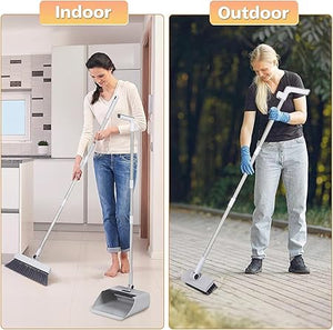 Broom and Dustpan Set，Brooms for Sweeping Indoor and Outdoor 3 in 1 Long Handle Broom with Dustpan Combo Set Push Broom Heavy