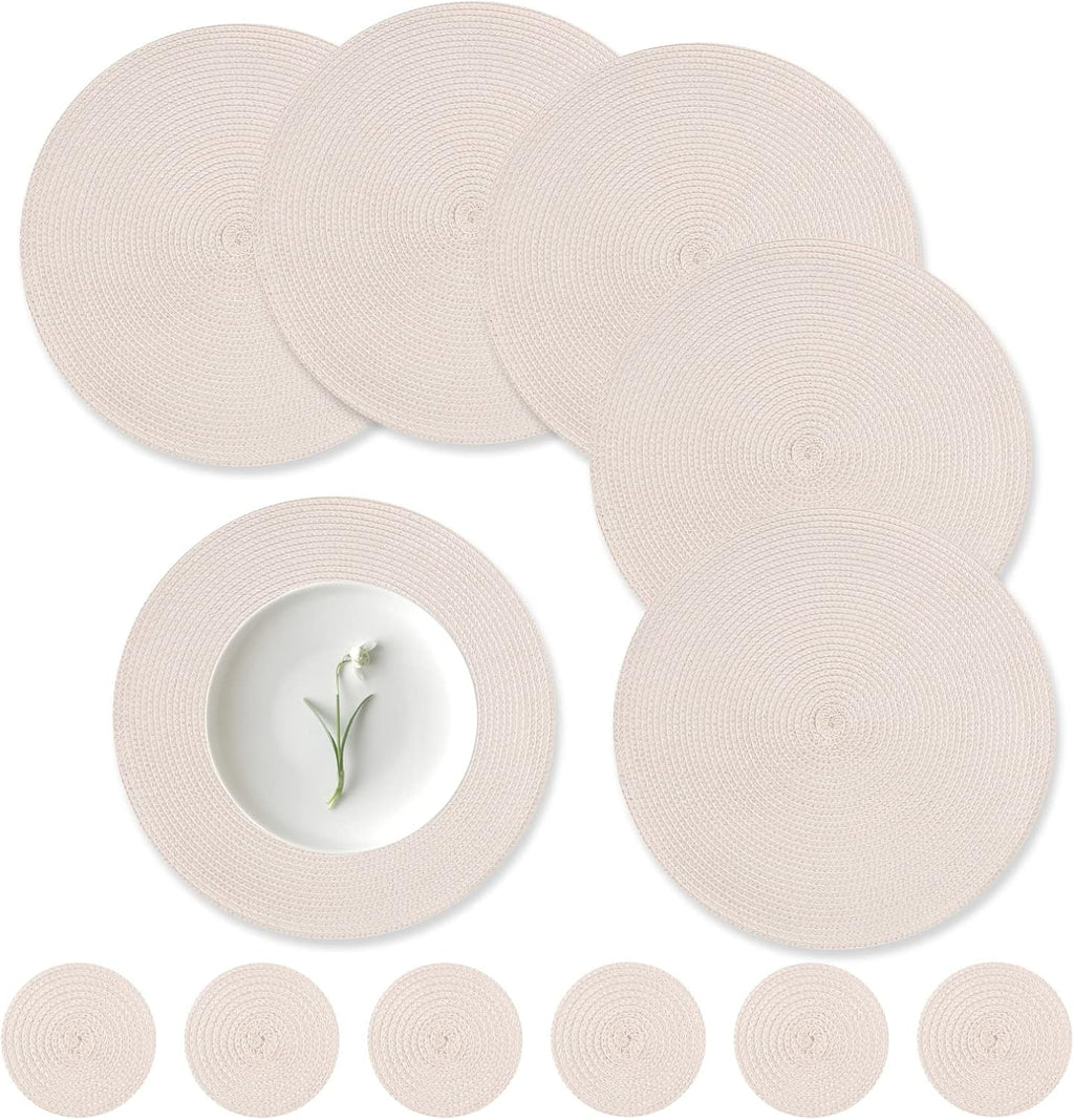 Round Placemats Set of 6, 34 cm Heat Resistant Round Braided Table Mat (Beige)