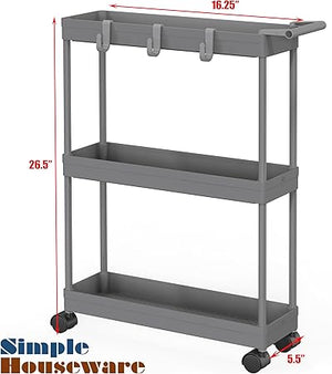 3-Tier Slim Rolling Cart with Handle and Hooks for Bathroom, Laundry and Kitchen, Grey