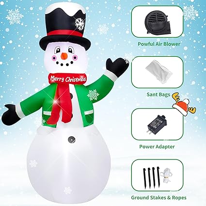 1.2M Christmas Inflatable Snowman in Green Clothes, Blow-Up Indoor-Outdoor Xmas Yard Lawn Decoration with Built