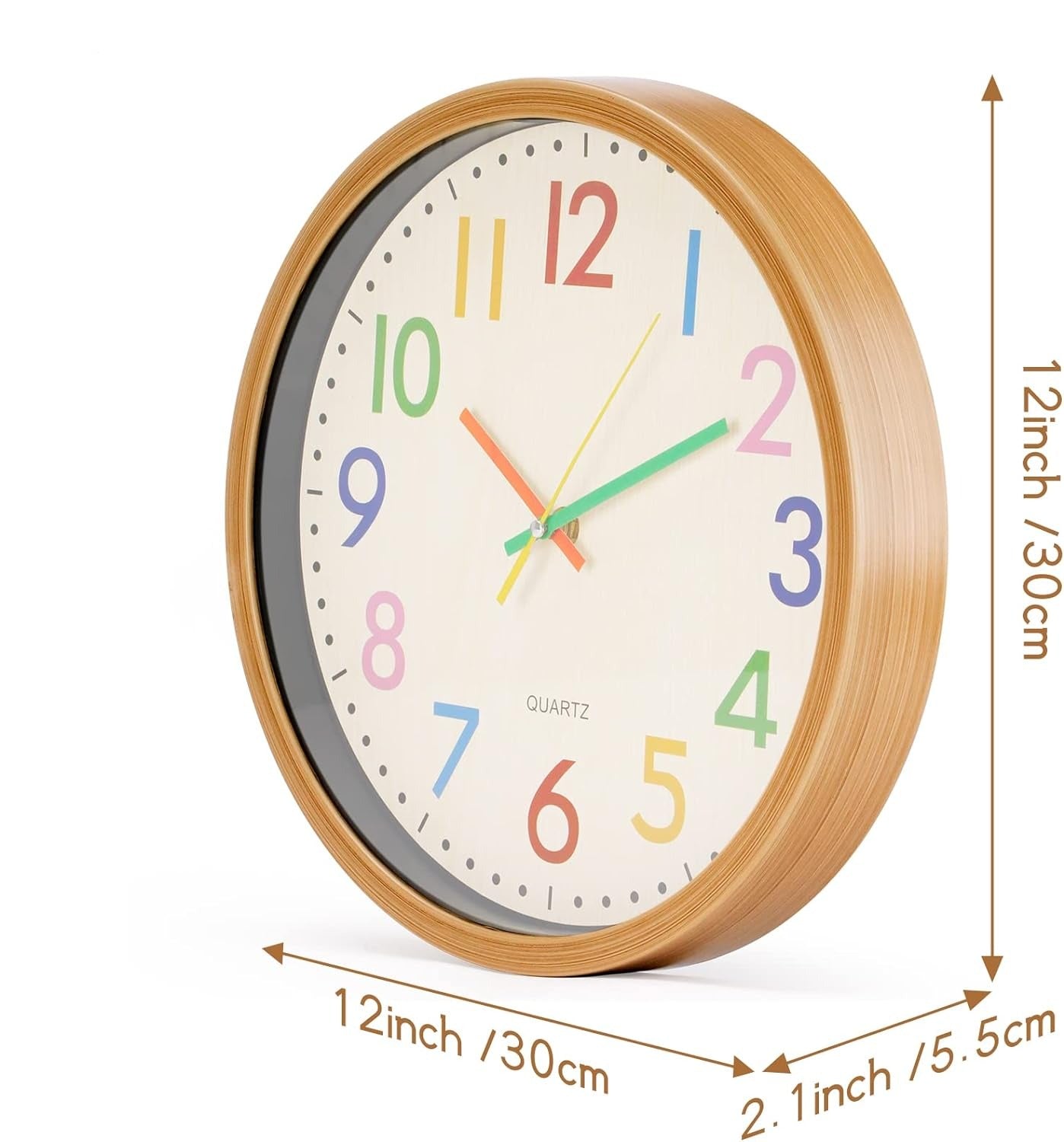 Wall Clock Battery Operated, 12 Inch Analog Colorful Kids Wall Clock Silent Non Ticking, Easy to Read 3D Numerals Classroom Clock