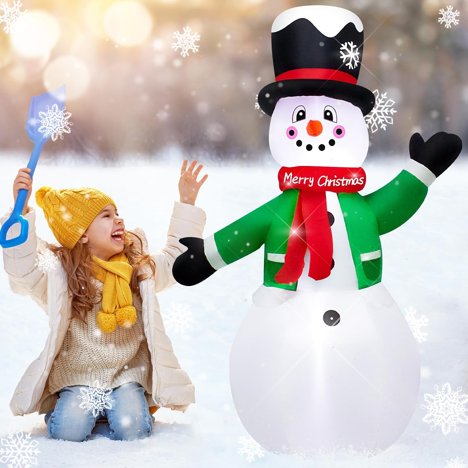 1.2M Christmas Inflatable Snowman in Green Clothes, Blow-Up Indoor-Outdoor Xmas Yard Lawn Decoration with Built-in LED Lights