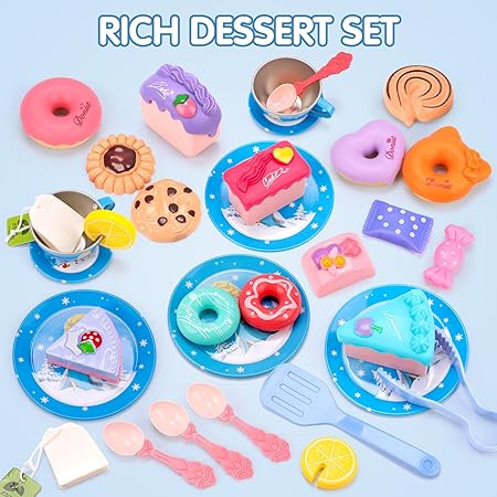 Princess Toys for Girls,48 PCS Kids  Tea Set for Kids,Kitchen Pretend Toy W/ Play Desserts,Tin Teapot,Learning Play Food Frozen Toys Gift