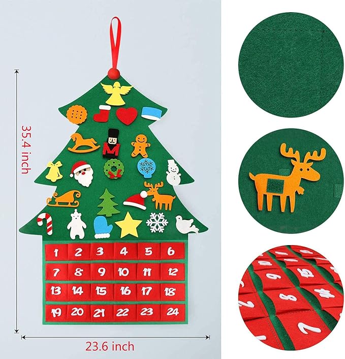 Christmas Advent Calendar Felt Tree Ornaments, Newest DIY Xmas Countdown Decorations Wall Door Hanging Kids’ Gift