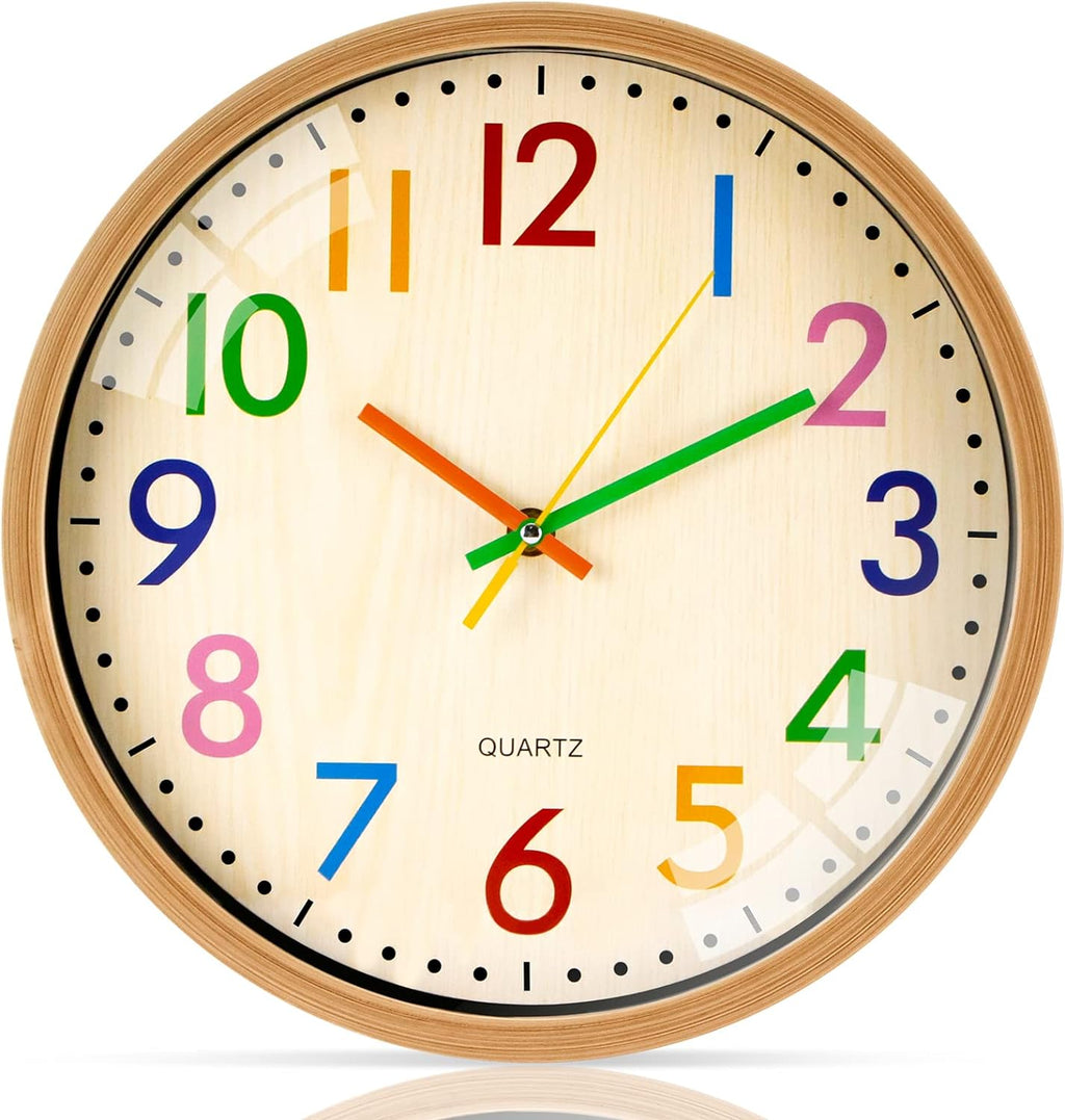 Wall Clock Battery Operated, 12 Inch Analog Colorful Kids Wall Clock Silent Non Ticking, Easy to Read 3D Numerals Classroom Clock