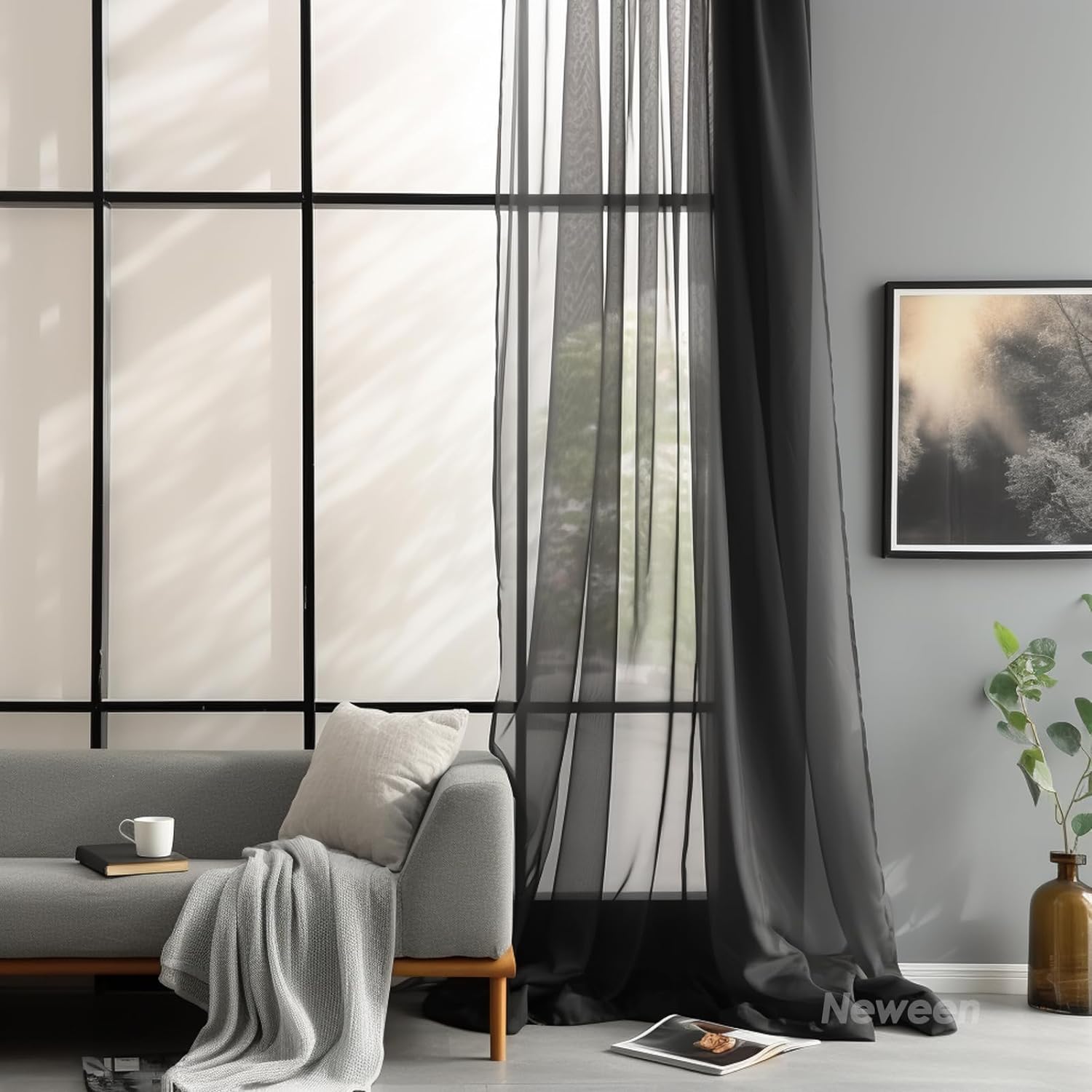 Black 132 x 160 Curtains Woven Voile Curtains, Net Curtain for Window Treatment