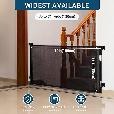 Retractable Baby Gate 86cmX180cm Pet Gate, Dog Gate and Child Safety Gate - Extra Tall & Wide - Indoor Baby Safety Gate and Pet Barrier for Doorways