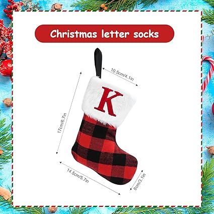 7inch Personalised Xmas Stockings Red Scotland Plaid Classic Christmas Stockings with Letters Faux Fur Plush Cuff Hanging Stockings for Xmas Decoration(K)