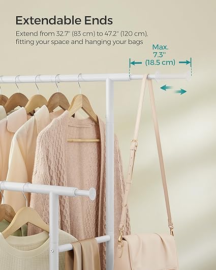 Clothes rack with wheels, double rail, extendable clothes rail, coat rack made of steel pipe, rattan white