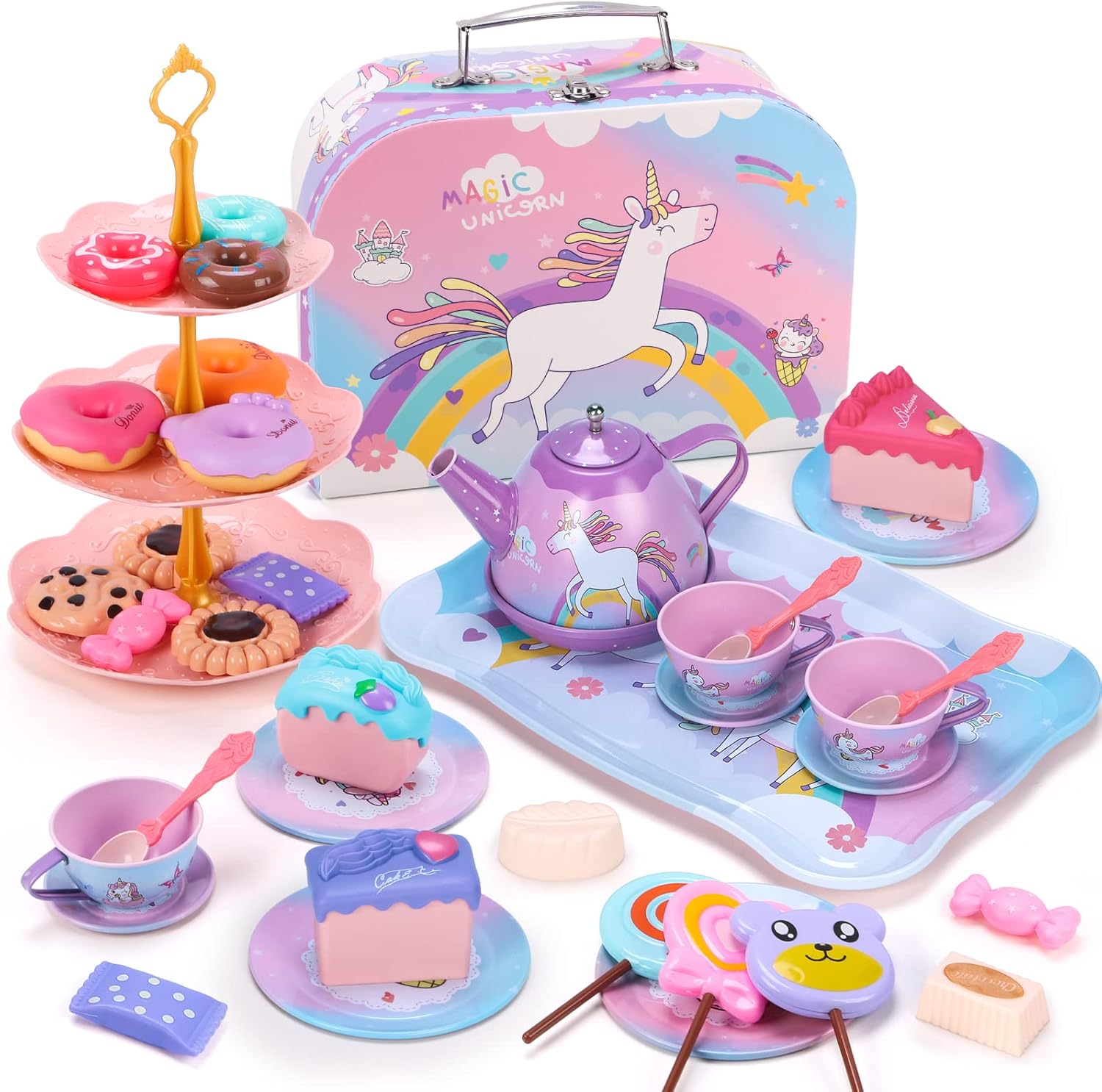 Unicorn Toys for Girls,48 PCS Kids Tea Set for Kids,Pretend Toy W/ Play Desserts,Tin Teapot,Educational Play Food Princess Toy Gift