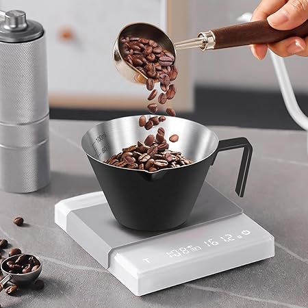 Double Spout Metal Measuring Cup with Dual Scale Stainless Steel , Espresso Shots Cup with Handle, Coffee Bean Weighing (Matte Black),3.4OZ/100ML