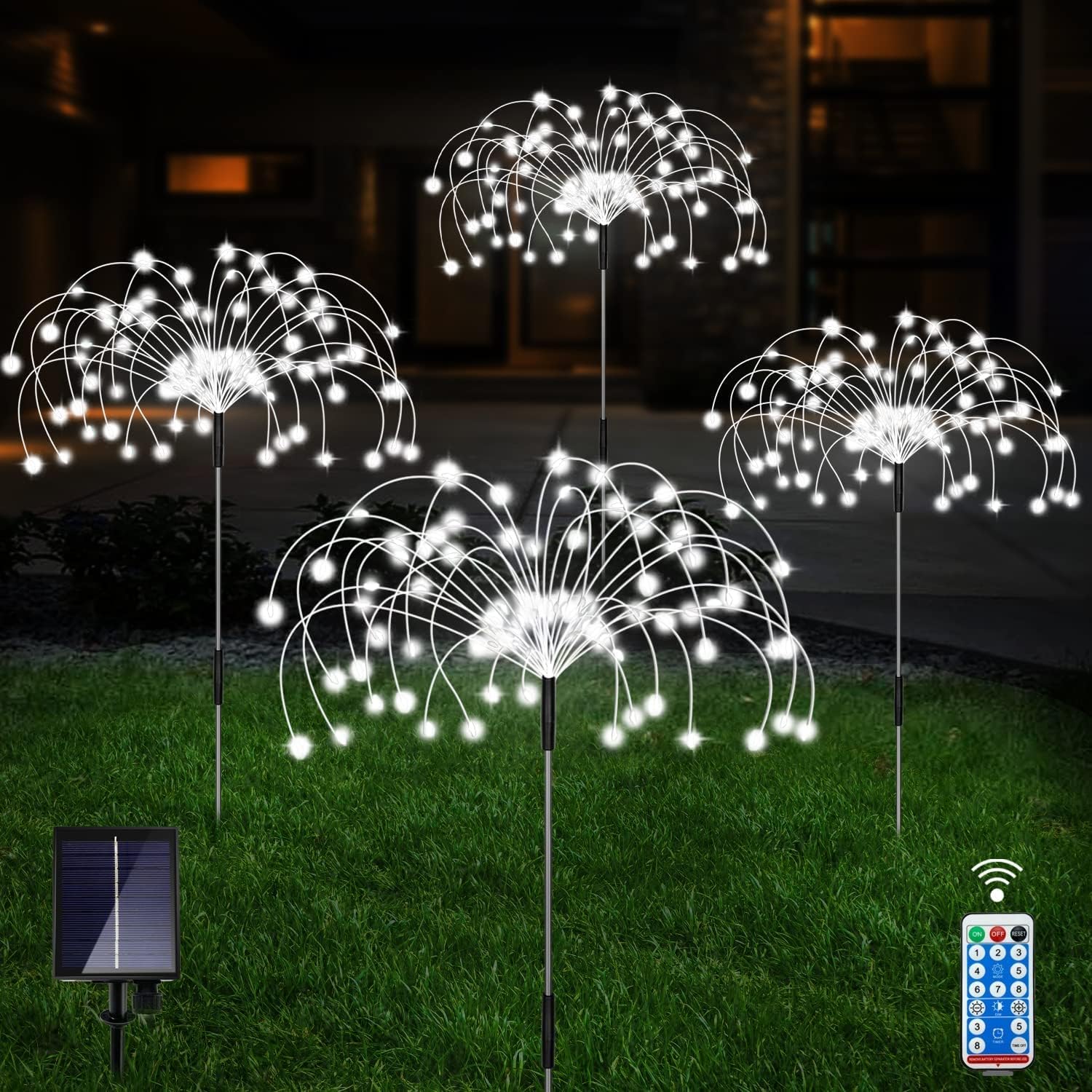 4 Pack 120 LED Waterproof Solar Firework Lights are 8 Modes Decorative Sparkles Stake Landscape Light, (White)