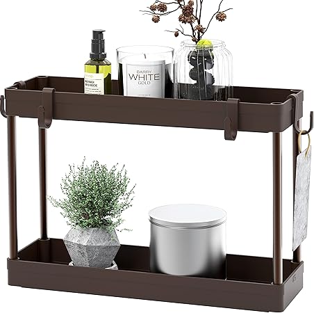 2-Tier Under Sink Narrow Organizer Storage Tray with Hooks, Brown