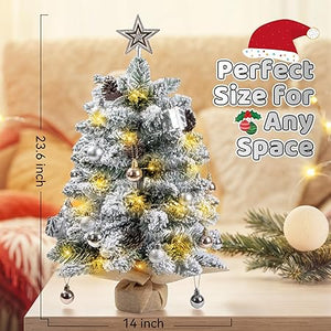 60CM Snowy Mini Christmas Tree, Artificial Tabletop Flocked Christmas Tree with 30 LED Lights, Xmas Decorations