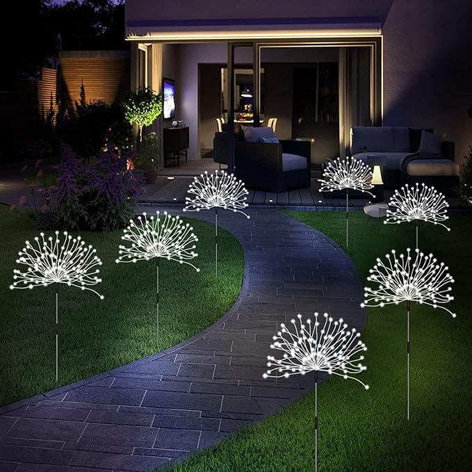 4 Pack 120 LED Waterproof Solar Firework Lights are 8 Modes Decorative Sparkles Stake Landscape Light, (White)