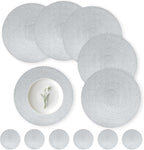 Round Placemats Set of 6, 38 cm Heat Resistant Round Braided Table Mats with Coasters Set of 6 Washable Woven Place Mats (Silver)