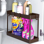 2-Tier Under Sink Narrow Organizer Storage Tray with Hooks, Brown