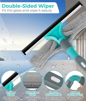 Professional Window Cleaner, 2 in 1 Shower  with Extension Pole, Telescopic Window Washing Equipment with Bendable Head, Glass Cleaning Tools (Green)