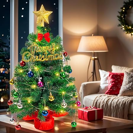 60CM Mini Christmas Tree, Artificial Tabletop Christmas Tree with 30 LED Lights, Star Tree Topper, Tabletop Small Xmas Tree for Holiday Indoor Christmas Decorations