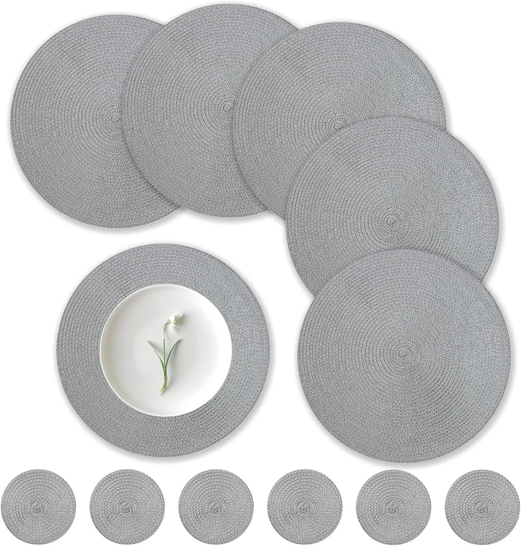 Round Placemats Set of 6, 34 cm Heat Resistant Round Braided Table Mats with Coasters Set of 6 Washable Woven Place Mats  (Silver Grey)