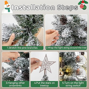 60CM Snowy Mini Christmas Tree, Artificial Tabletop Flocked Christmas Tree with 30 LED Lights, Xmas Decorations