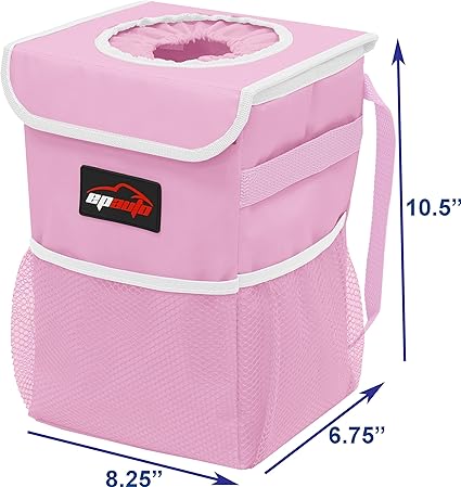 Waterproof Car Trash Can with Lid and Storage Pockets, Pink