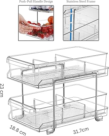 2 Tier Clear Organiser with Dividers, Acrylic Under Sink Storage Kitchen Pantry Organizer