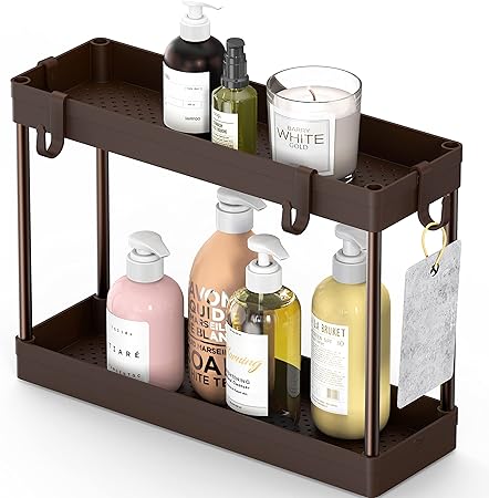 2-Tier Under Sink Narrow Organizer Storage Tray with Hooks, Brown