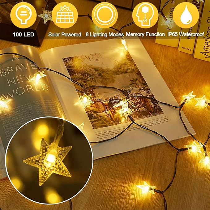 100 LED 33ft Star Solar Fairy Lights,8 Lighting Modes, Waterproof, Copper Wire Solar Garden Lights for Outdoor Wedding Christmas Party Decoration