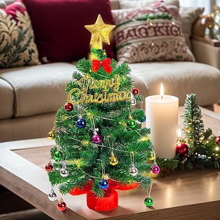 60CM Mini Christmas Tree, Artificial Tabletop Christmas Tree with 30 LED Lights, Star Tree Topper, Tabletop Small Xmas Tree for Holiday Indoor Christmas Decorations