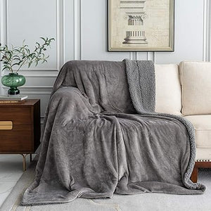 Fleece Throw Blanket, Double-Sided Super Soft Reversible Bed and Couch Blanket, Warm and Lightweight Home Decoration Blanket, Grey Queen Size  230 x 230cm