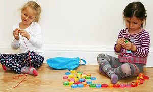 Wooden Threading Beads Alphabet Blocks-Large Wooden Letters and Number Blocks 46 Pieces - Threading Toy