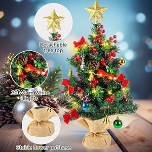 60CM Tabletop Christmas Tree,Mini Tabletop Xmas Pine Tree with 30 LEDs Lights,Star Tree Topper, Tabletop Small Xmas Tree for Holiday Indoor DIY Christmas Decor