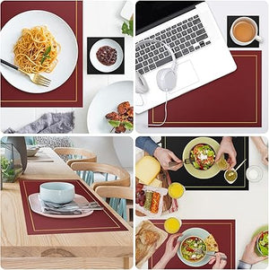 Placemats and Coasters Set of 4, PU leather Heat-Resistant Table Mats Non-Slip Washable Place Table Mats (Black Red)