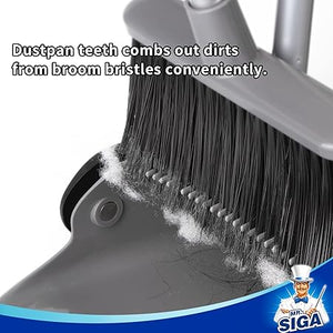 Broom and Dustpan Set with Long Handle, Upright Broom and Dustpan Combo for Floor Cleaning, Lobby Broom with Adjustable Handle, Gray