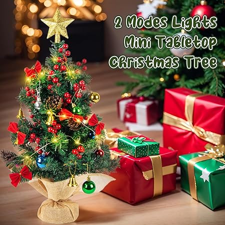 60CM Tabletop Christmas Tree,Mini Tabletop Xmas Pine Tree with 30 LEDs Lights,Star Tree Topper, Tabletop Small Xmas Tree for Holiday Indoor DIY Christmas Decor