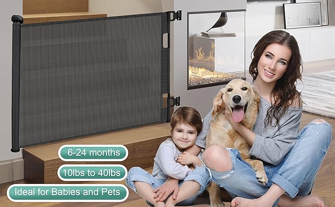 Retractable Safety Gate for Baby Dog, Sulishang Durable Portable Mesh Retractable Gate,  Extends up to 71" Wide for Doorways black