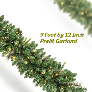 9 FT by 12 Inch Christmas Garland,Pre-lit Garland with 50 Warm Lights, Classic Green Christmas Garland with 340 Branch Tips