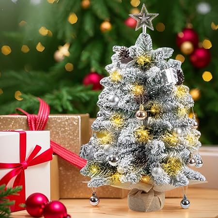 60CM Snowy Mini Christmas Tree, Artificial Tabletop Flocked Christmas Tree with 30 LED Lights, Xmas Decorations