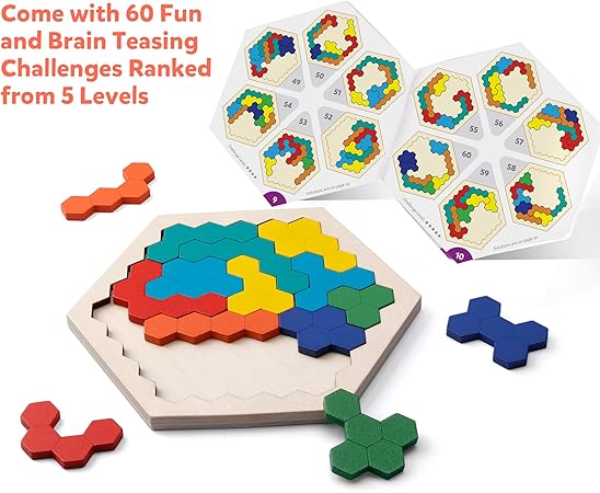 Wooden Hexagon Puzzle for Kid Adults - Shape Block Tangram Brain Teaser Toy Geometry Logic IQ Game STEM Montessori Educational Ages 3+ Challenge