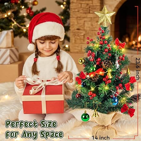 60CM Tabletop Christmas Tree,Mini Tabletop Xmas Pine Tree with 30 LEDs Lights,Star Tree Topper, Tabletop Small Xmas Tree for Holiday Indoor DIY Christmas Decor