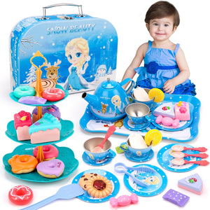 Princess Toys for Girls,48 PCS Kids  Tea Set for Kids,Kitchen Pretend Toy W/ Play Desserts,Tin Teapot,Learning Play Food Frozen Toys Gift