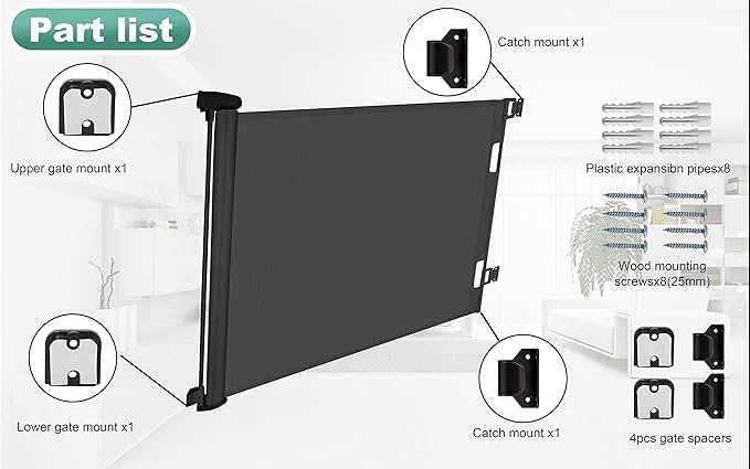 Retractable Safety Gate for Baby Dog, Sulishang Durable Portable Mesh Retractable Gate,  Extends up to 71" Wide for Doorways black