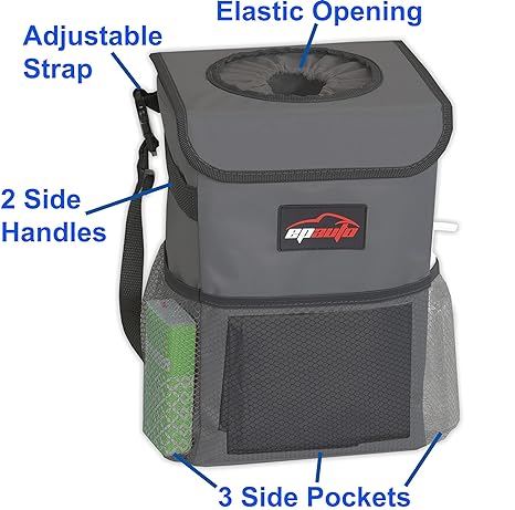 Waterproof Car Trash Can with Lid and Storage Pockets, Dark Grey