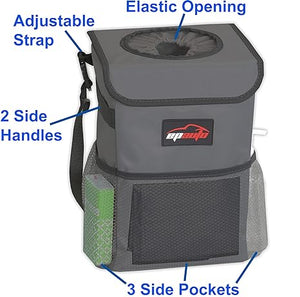 Waterproof Car Trash Can with Lid and Storage Pockets, Dark Grey