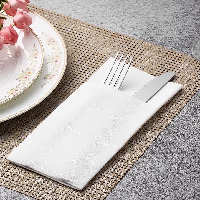 100 pcs Premium White Pocket Napkins Disposable Linen Feel Built in Flatware Dinner Napkins for Reception Wedding Christmas