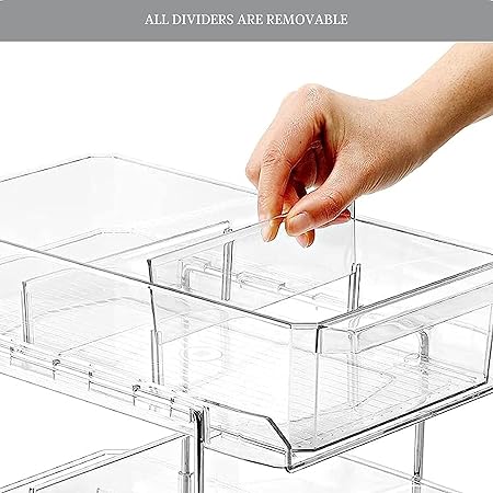 2 Tier Clear Organiser with Dividers, Acrylic Under Sink Storage Kitchen Pantry Organizer